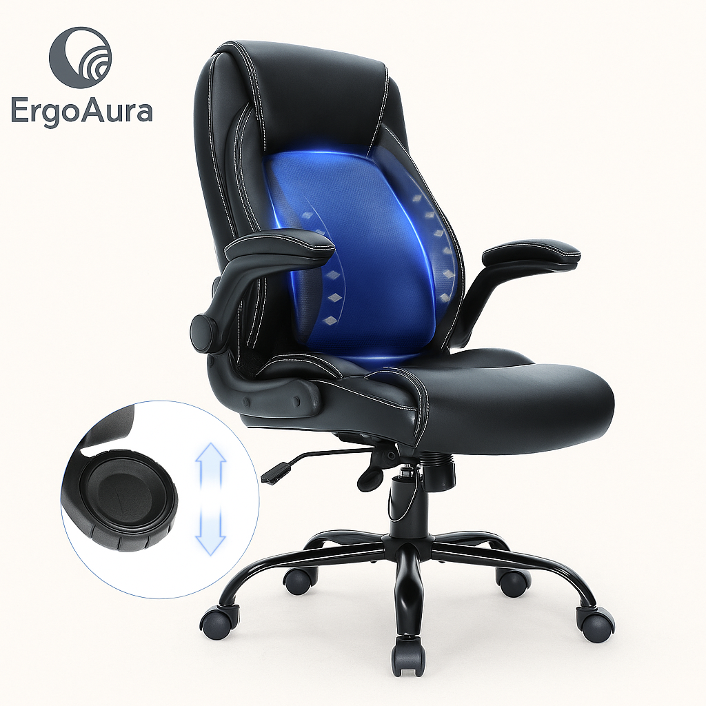 Silla de oficina ejecutiva VEVOR con soporte lumbar ajustable de última generación, respaldo alto de cuero sintético, ergonómica para dolor de espalda y brazos acolchados abatibles.